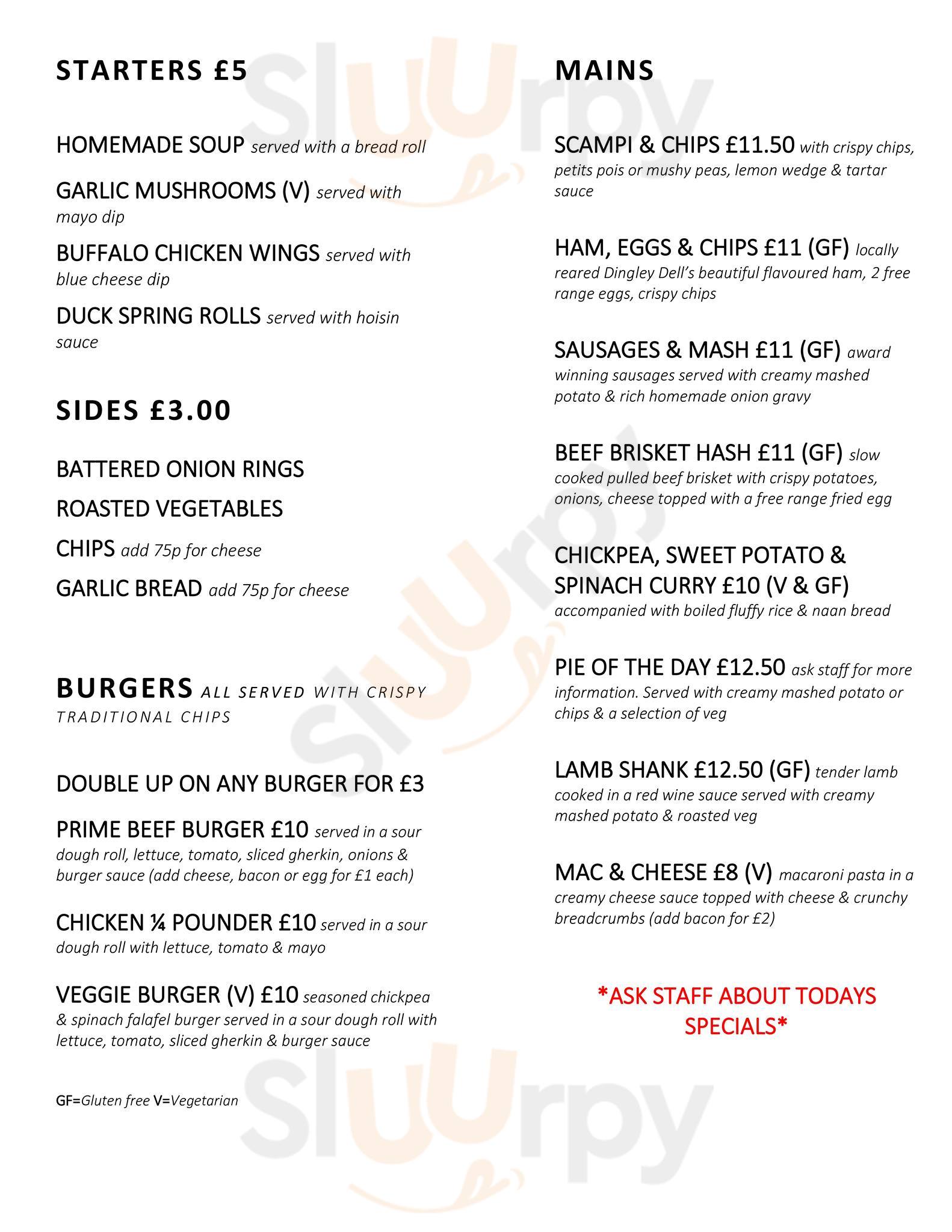 The Three Horseshoes menù, Comberton Main Menu Sluurpy