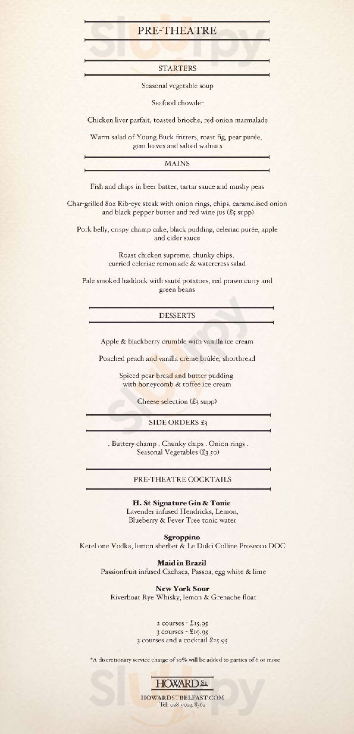Howard Street menù, Belfast Main Menu Sluurpy