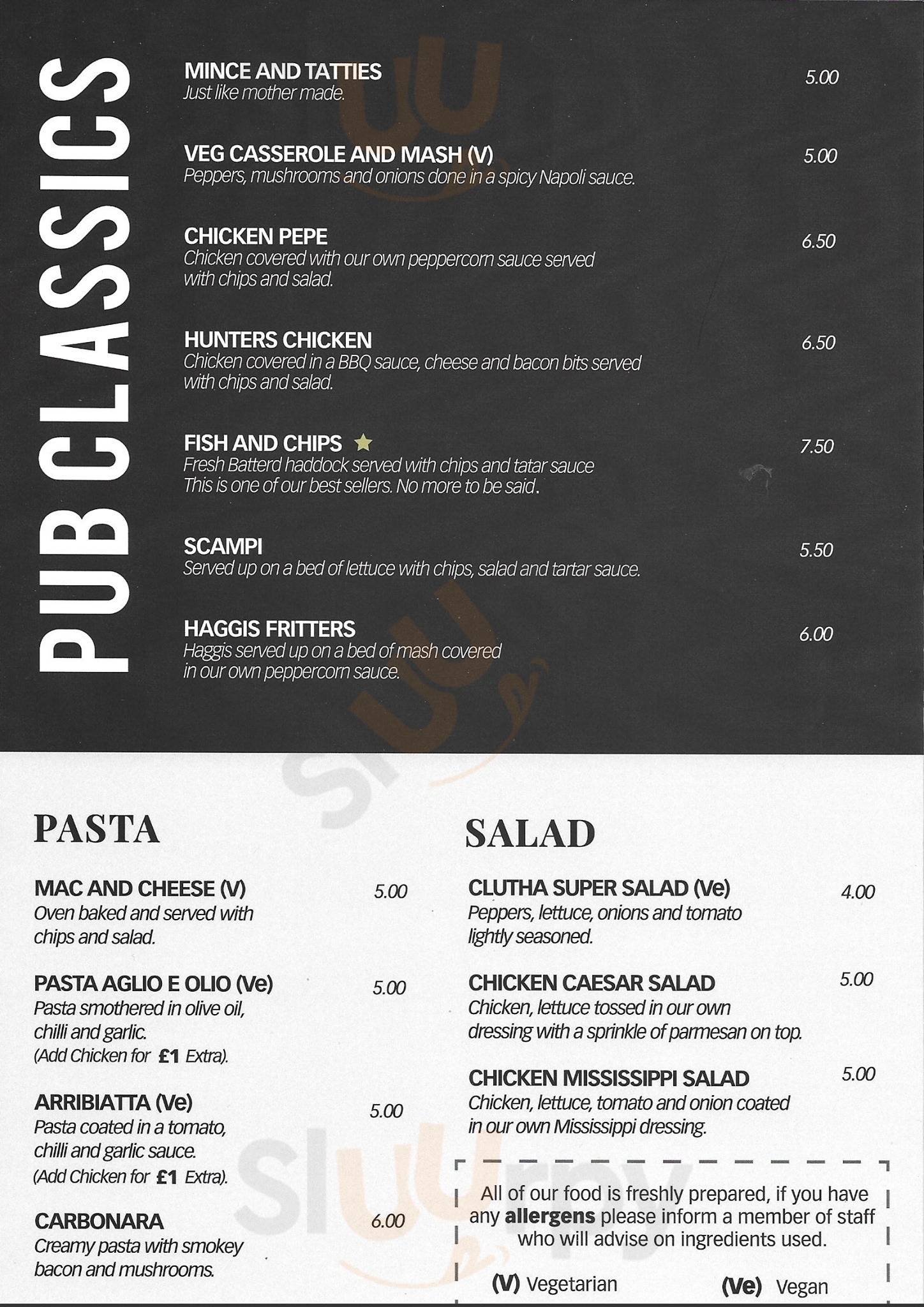 The Clutha Bar menù, Glasgow Main Menu Sluurpy