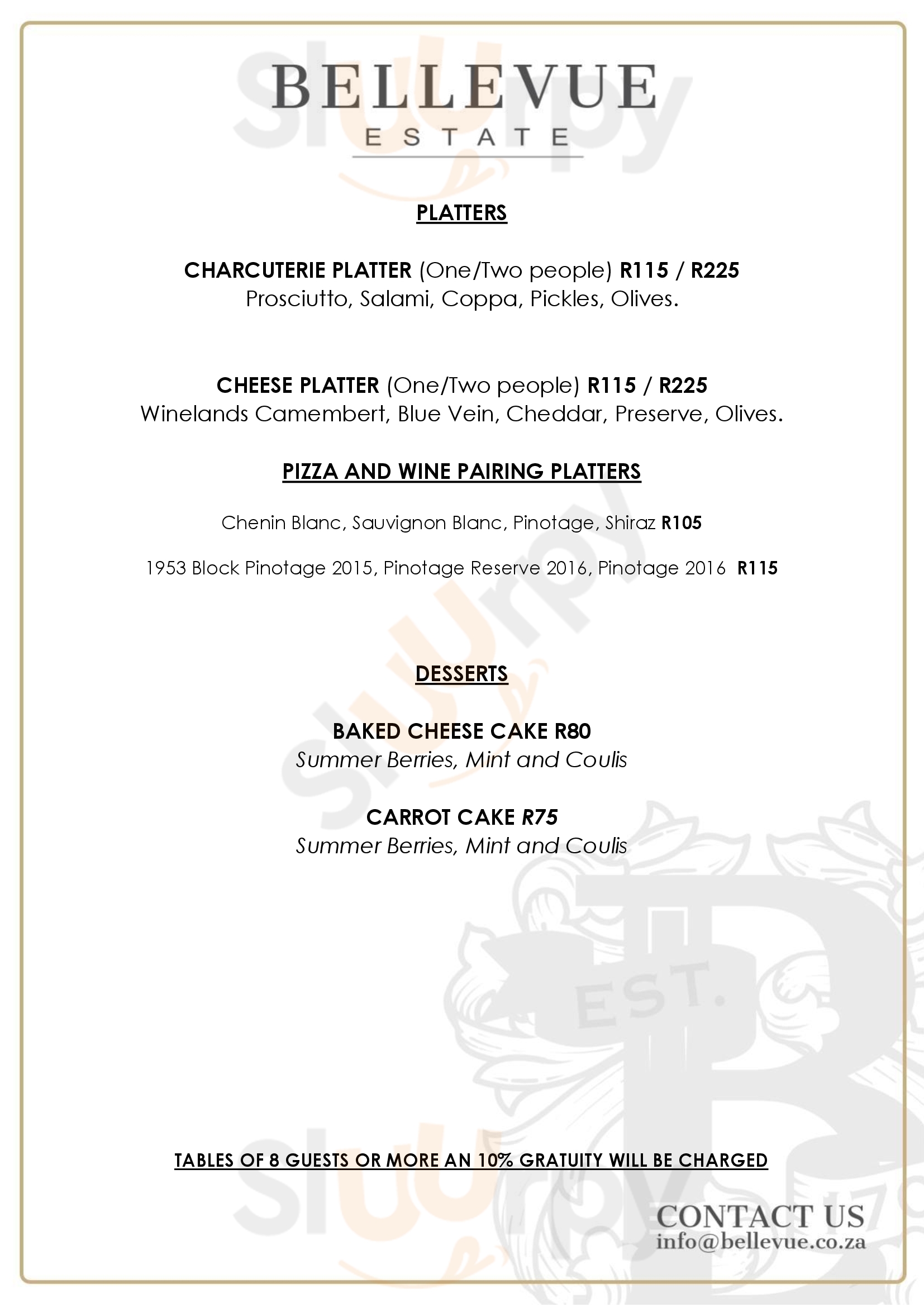 Bellevue Wine Estate menù, Stellenbosch Main Menu Sluurpy