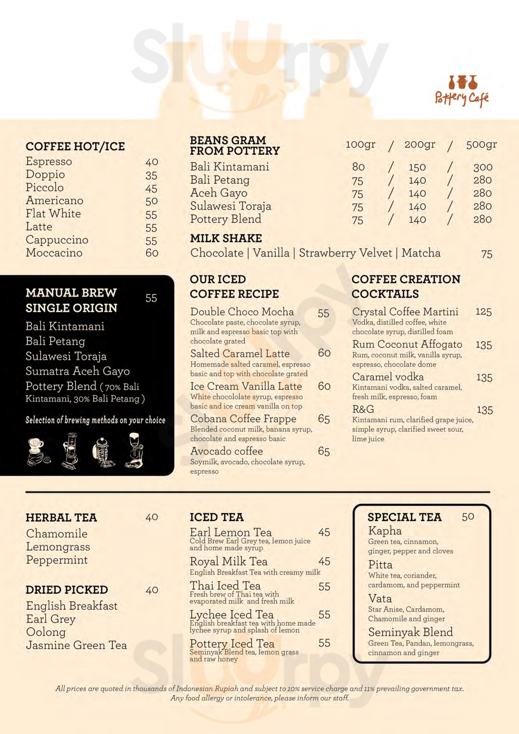 Pottery Cafe menù, Seminyak Main Menu Sluurpy