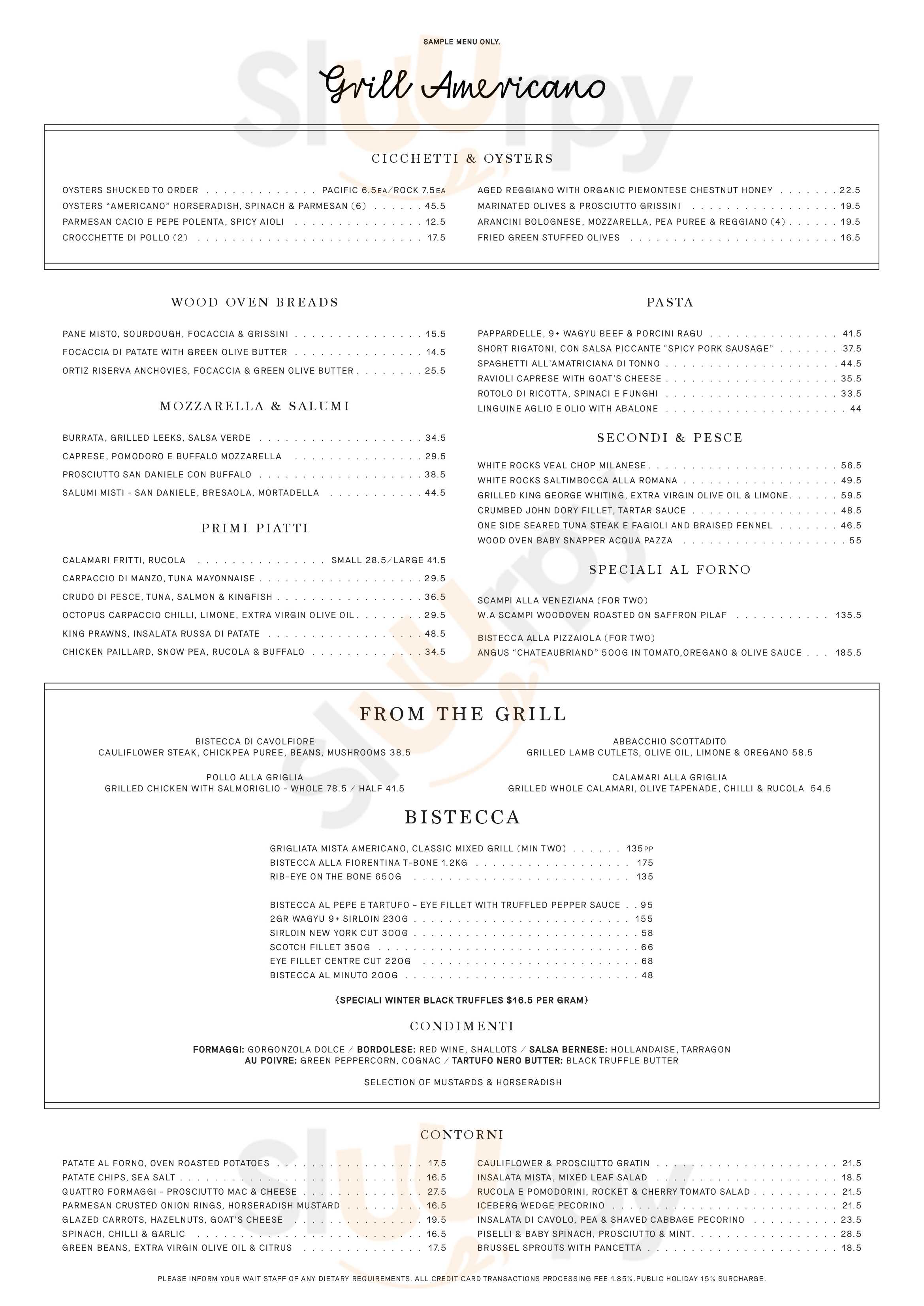 Grill Americano menù, Melbourne Main Menu Sluurpy