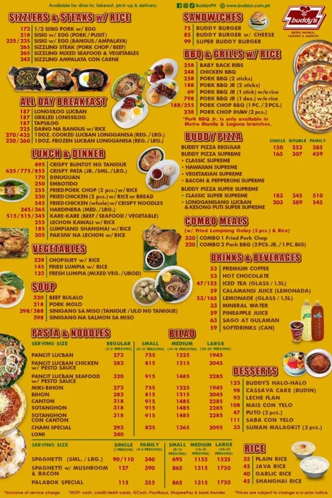 BUDDY'S MENU PHILIPPINES AND UPDATED PRICES 2024