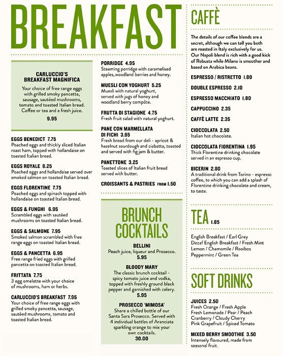 Carluccio’s UK Menu Prices