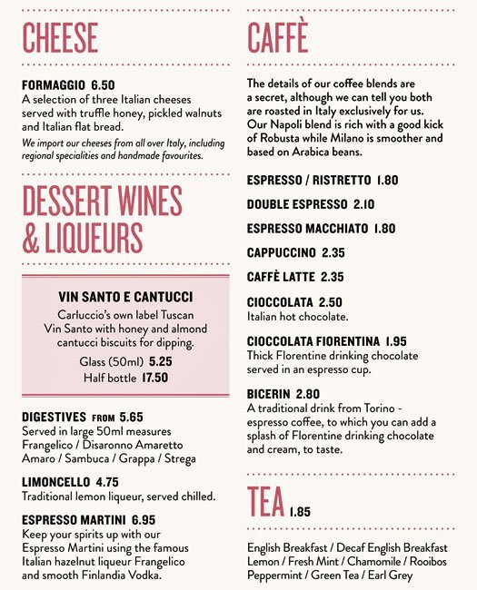 Carluccio’s UK Menu Prices