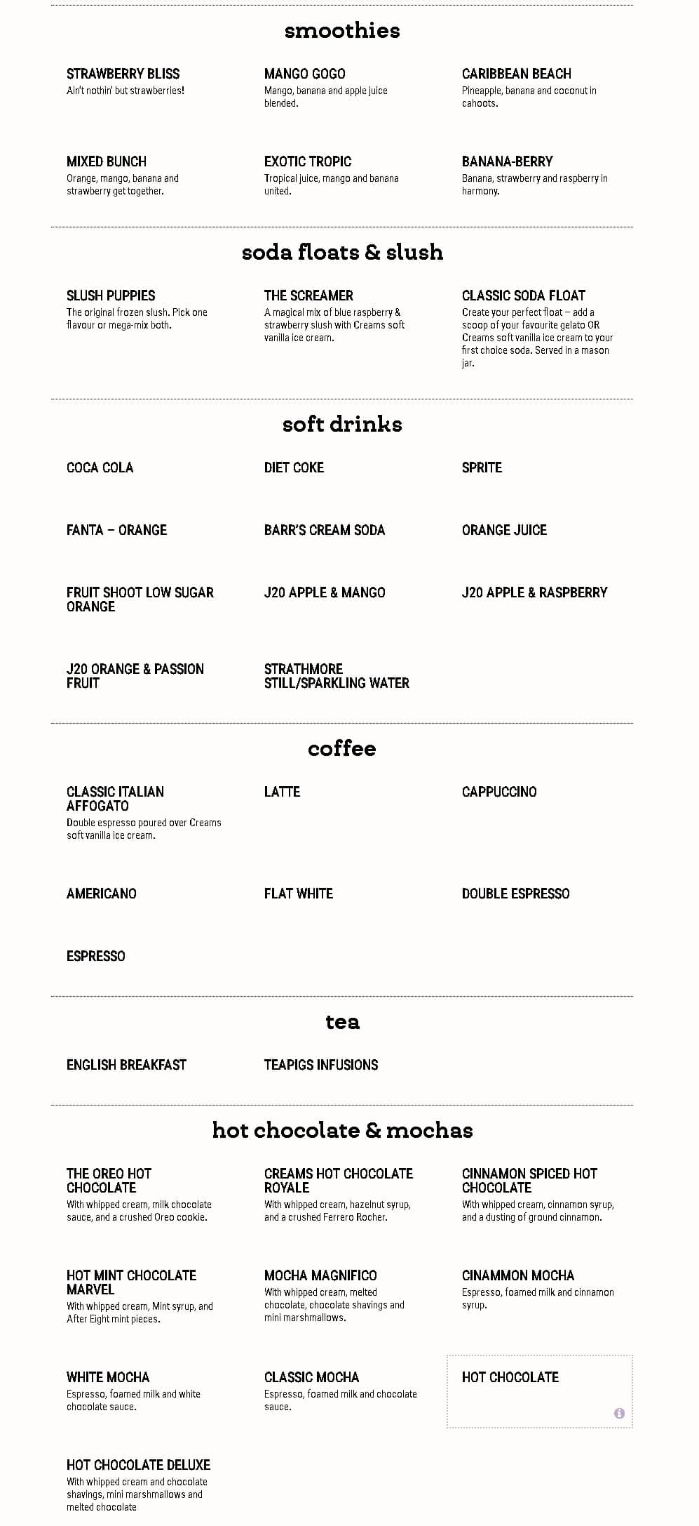 Creams UK Menu Prices