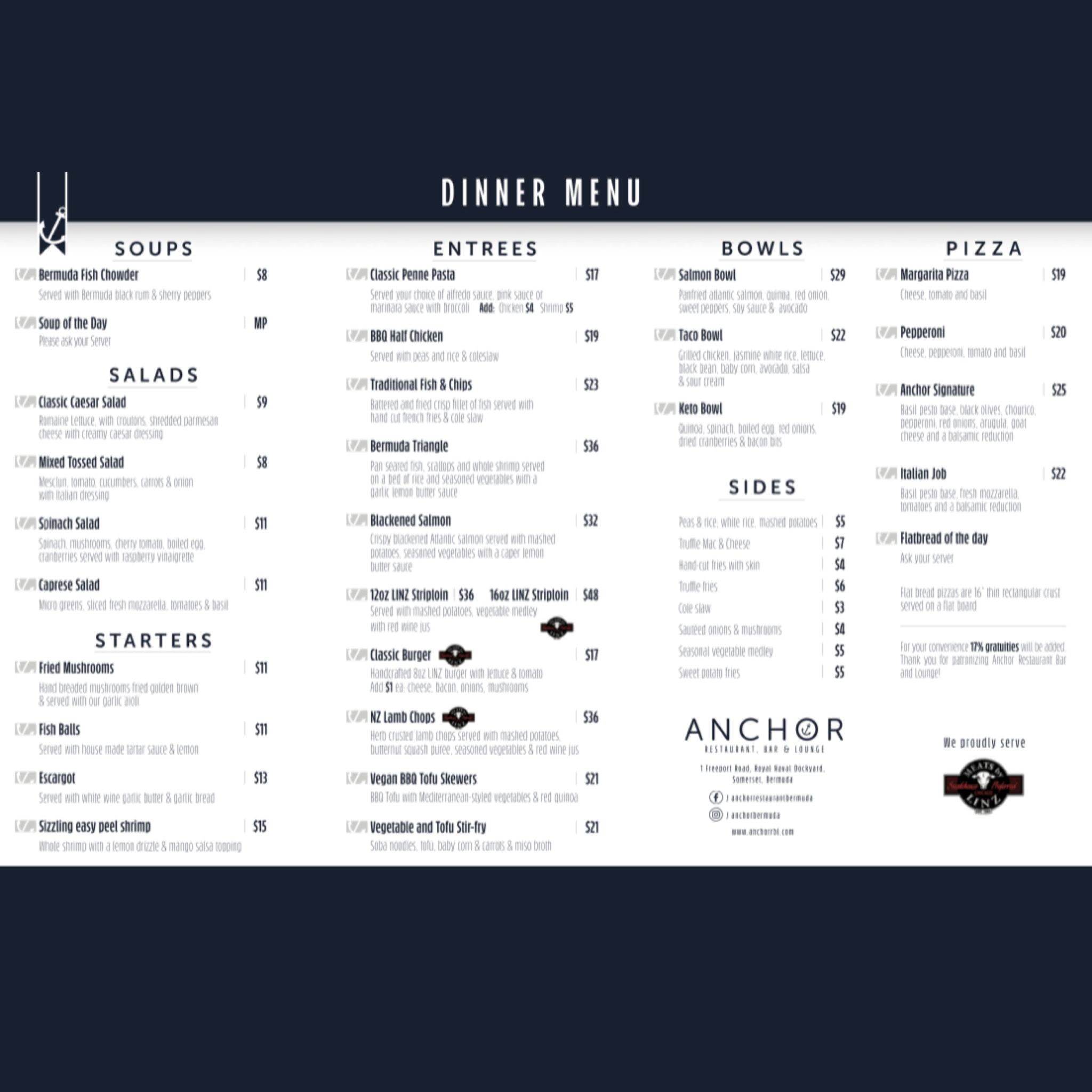 Anchor Restaurant, Bar And Lounge Menus.bm