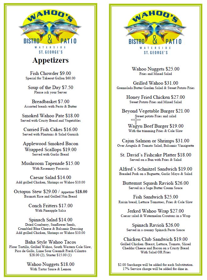 Wahoo’s Bistro & Patio Menus.bm