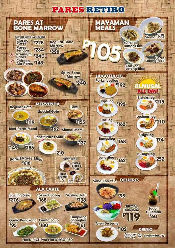 Pares Retiro Menu (2023) Philippines Menus