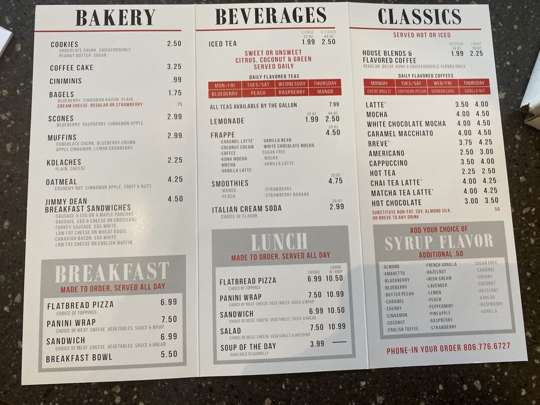 The Coffee Bar At Cardinal's Menu Lubbock Menutex