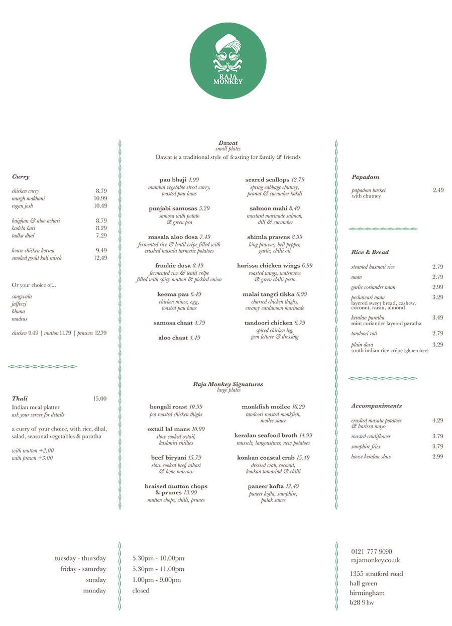 Raja Monkey Indian Restaurant Hall Green Birmingham's full menu online