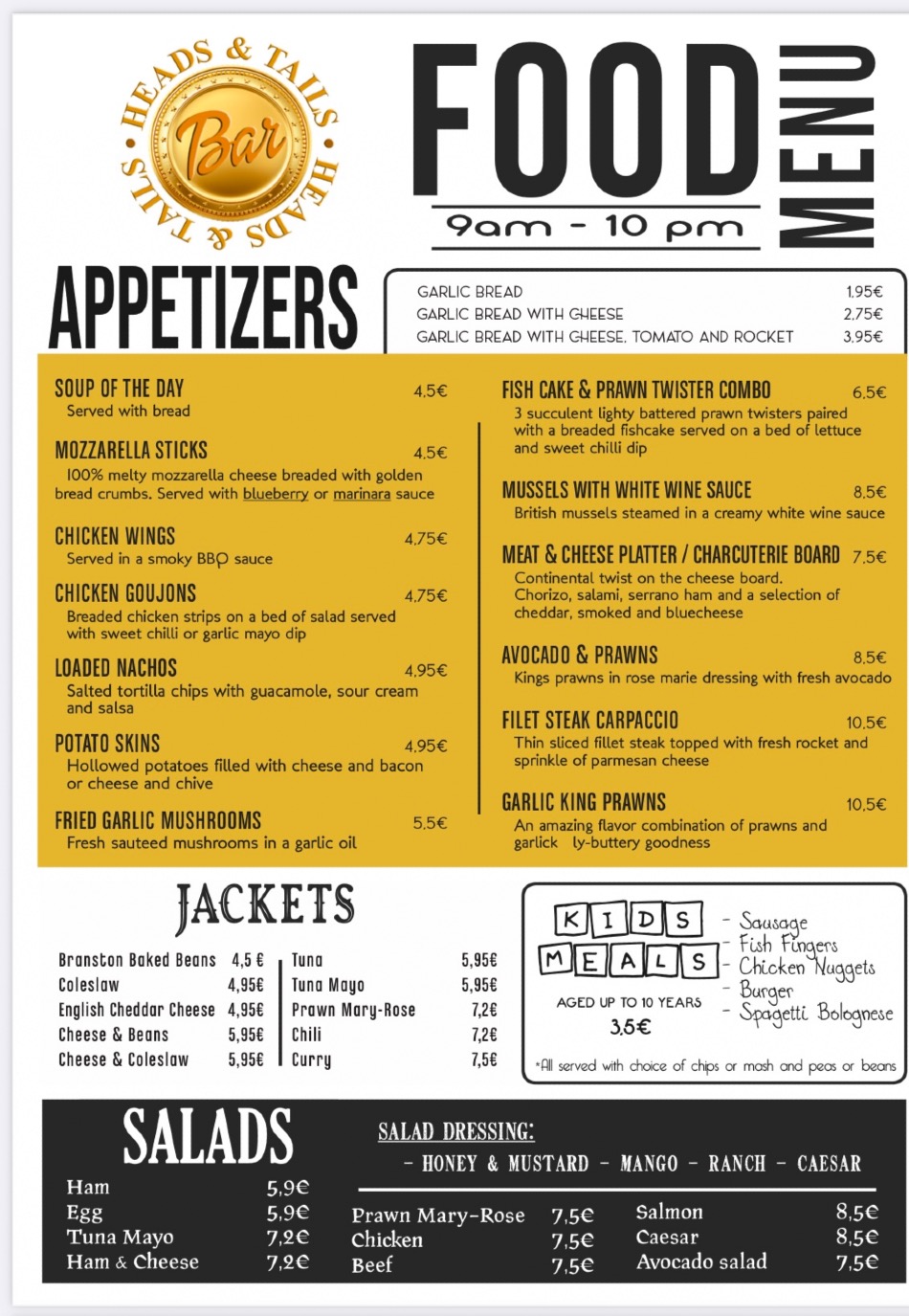 Heads & Tails Costa Adeje's full menu online