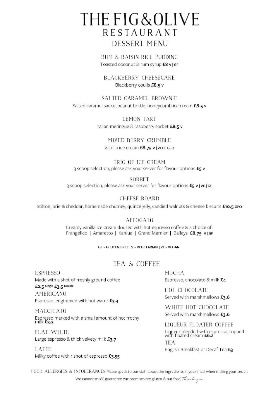 The Fig and Olive Tamworth's full menu online