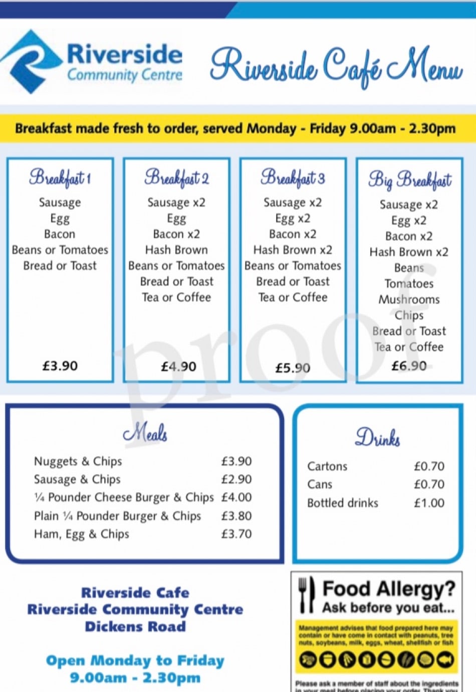 Riverside Café Gravesend's full menu online