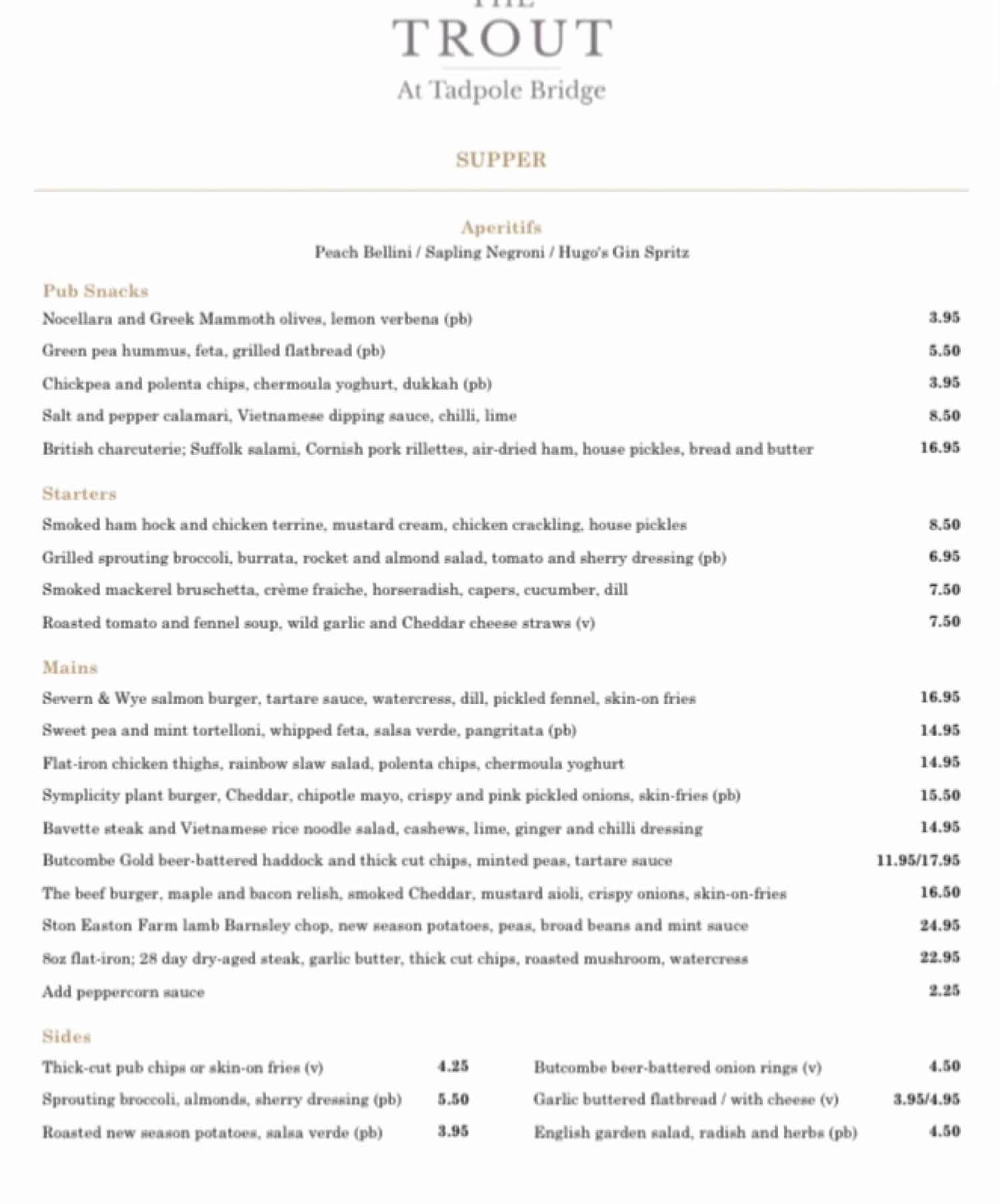 The Trout Faringdon's full menu online