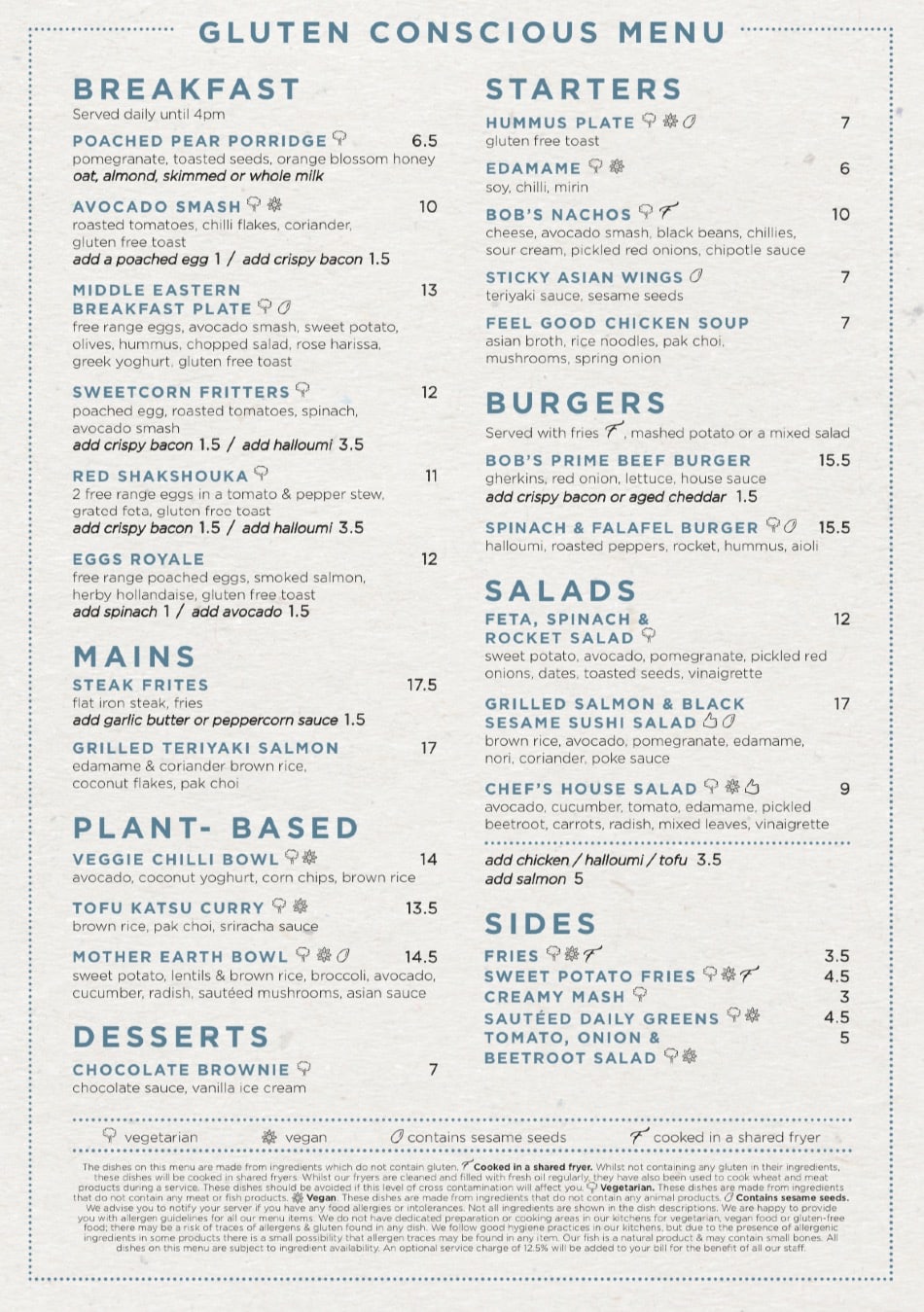 Bob’s Café Muswell Hill London's full menu online