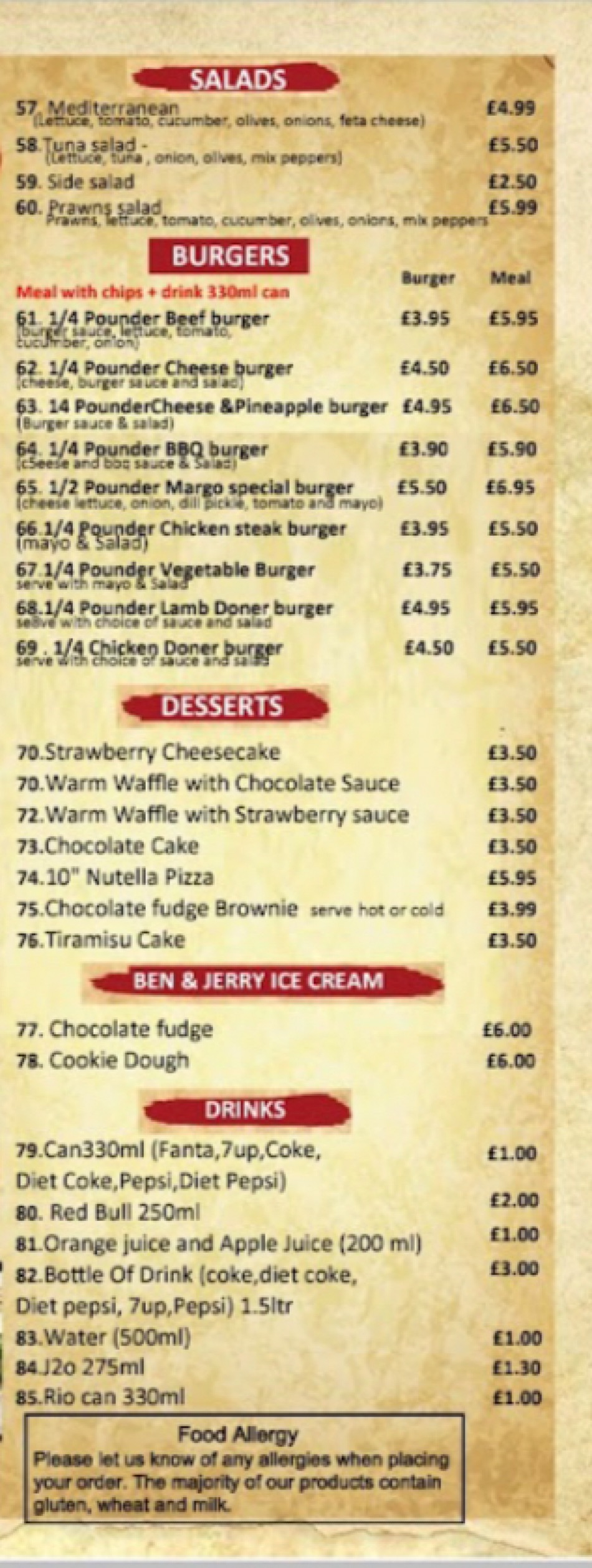 The Margos Stansted's full menu online