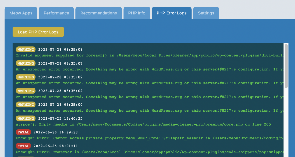 How to The PHP Error Logs Meow Apps
