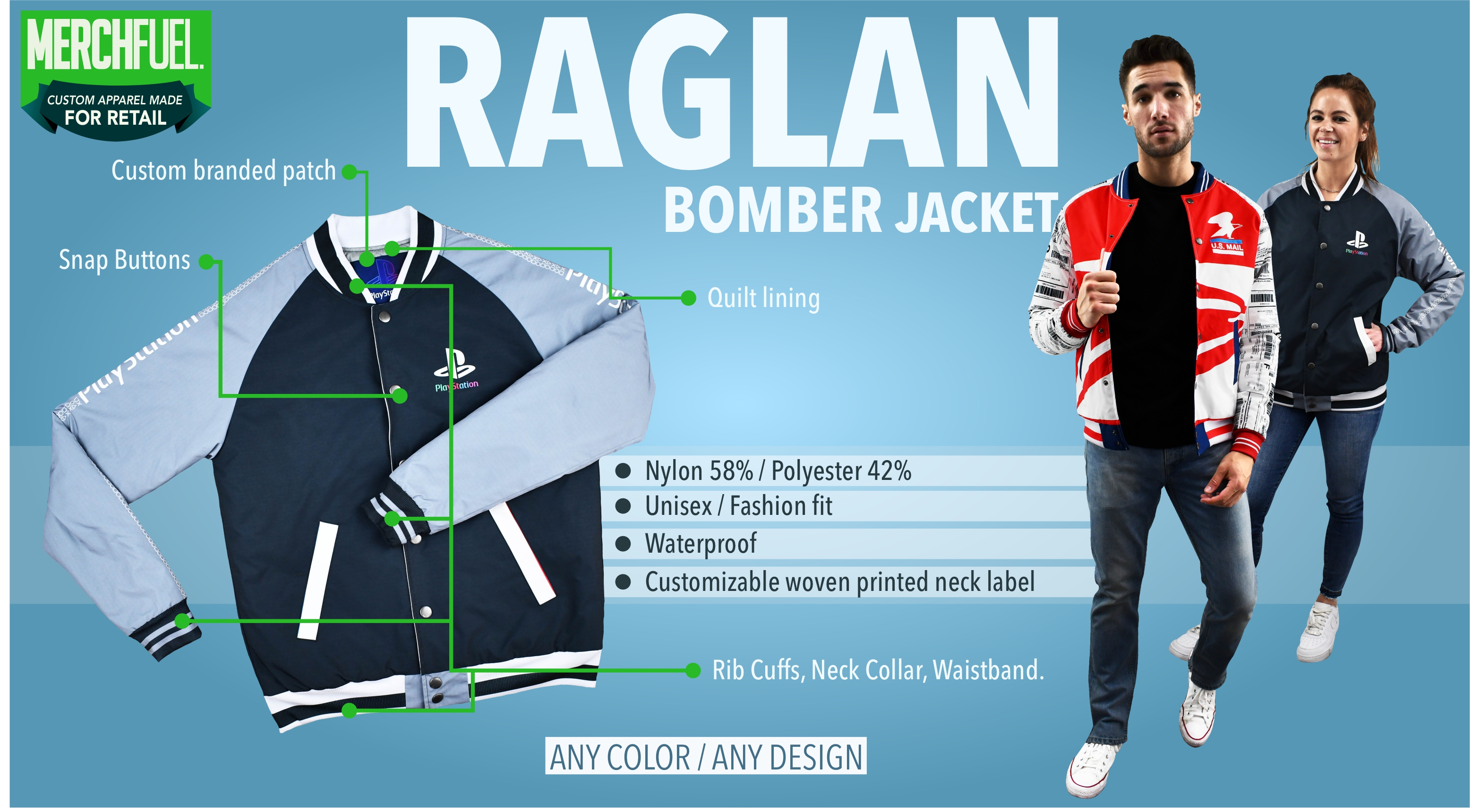 Unisex Raglan Quilted Bomber Jacket
