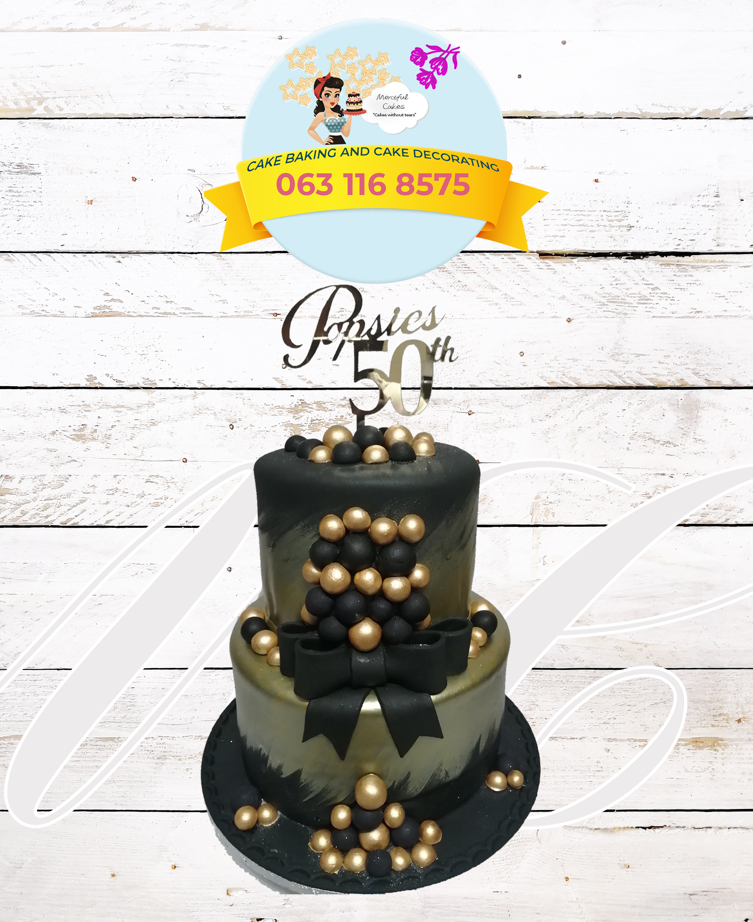 Black & Gold balls Tier Cake Merciful Cakes
