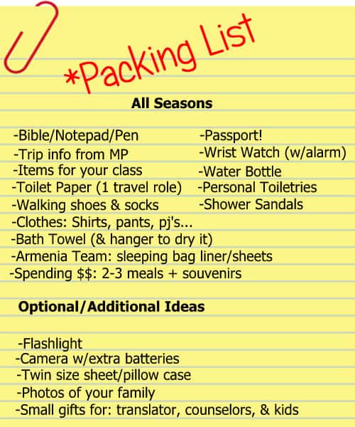 Mission Trips Packing List