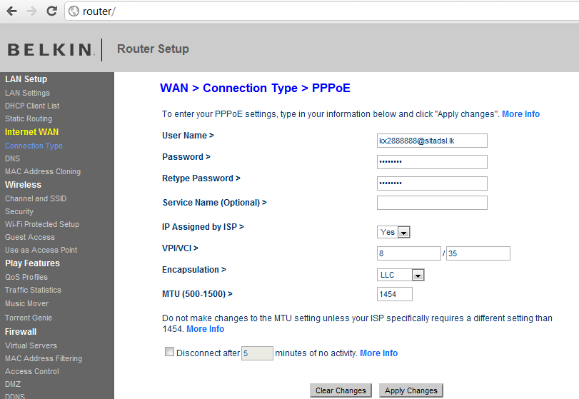 Configure the Belkin Play Max router for SLT ADSL Broadband