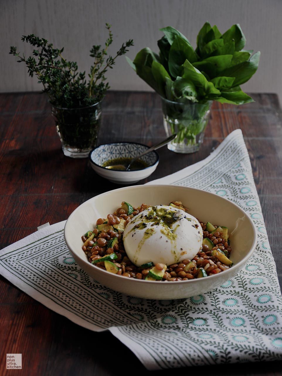Burrata with Lentils and Basil Vinaigrette merima.ch