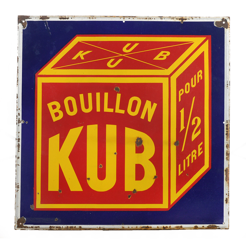 Plaque émaillée publicitaire Bouillon Kub Mes Découvertes Julien Cohen