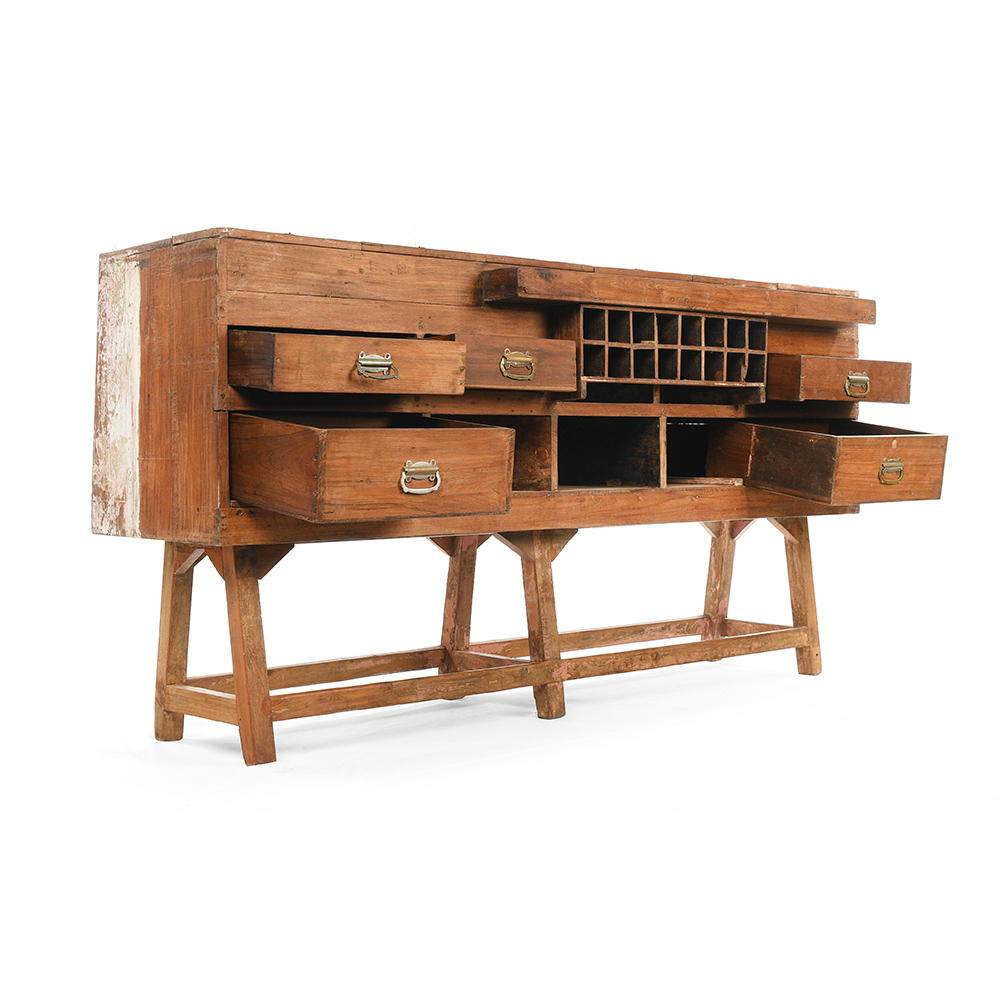 Meuble d'herboriste vitré à tiroirs et casiers en bois Mes