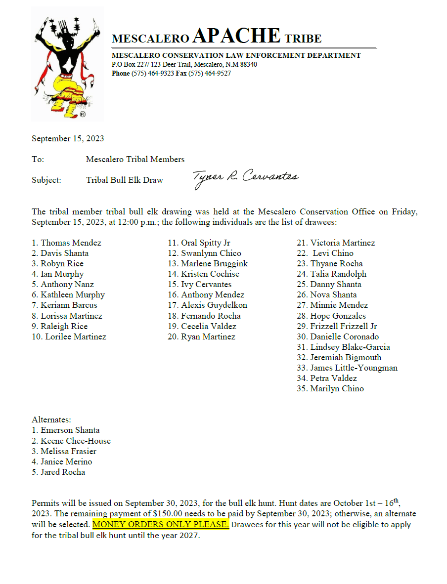 Tribal Hunt Drawing Results 2023 Official site of the Mescalero