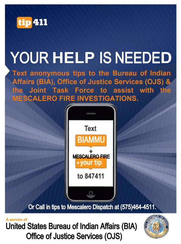 Mescalero tip line to assist with the Mescalero Fire Investigation