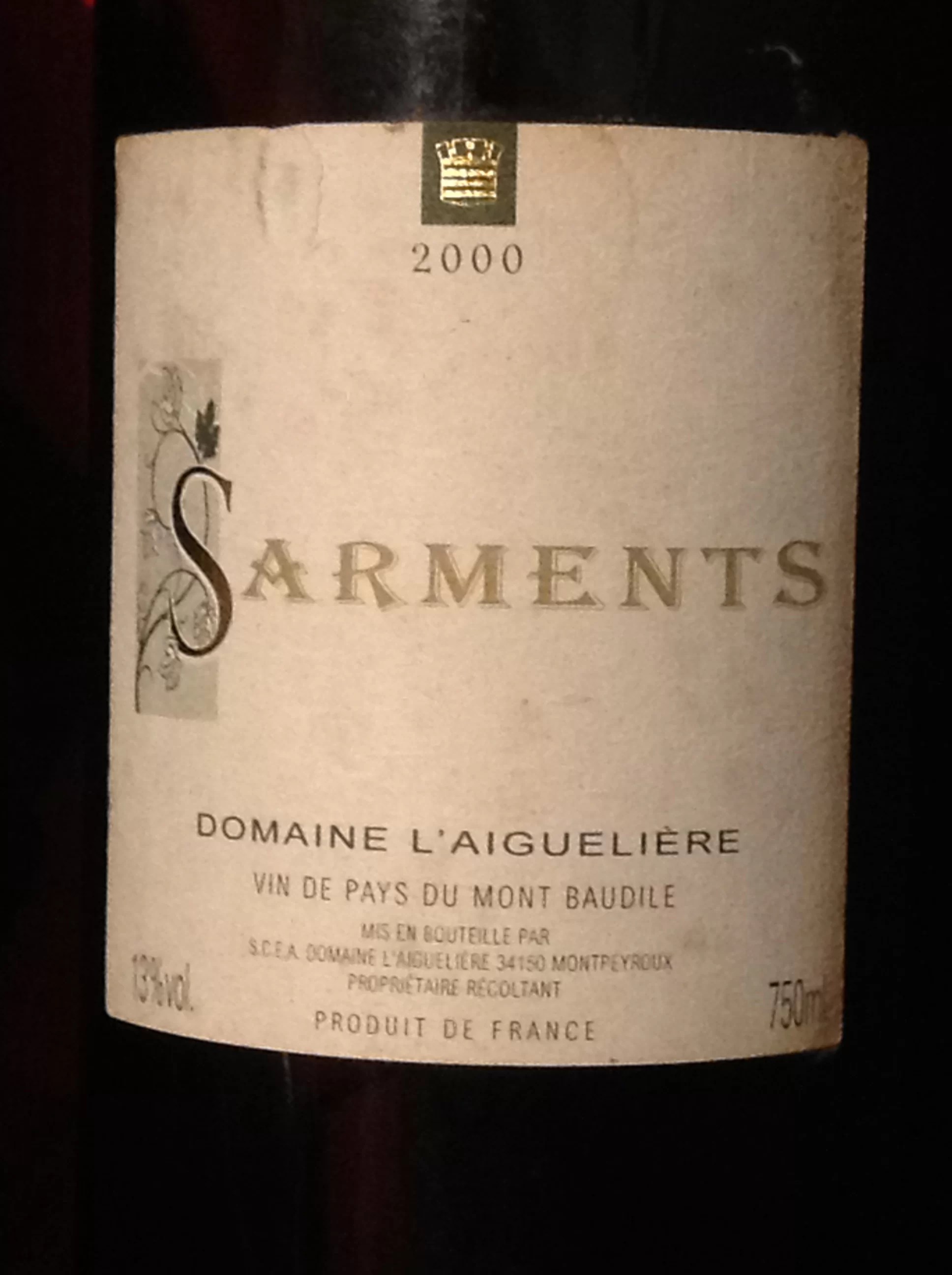 Vin de Pays du Mont Baudile Sarments Domaine de l’Aiguelière 2000