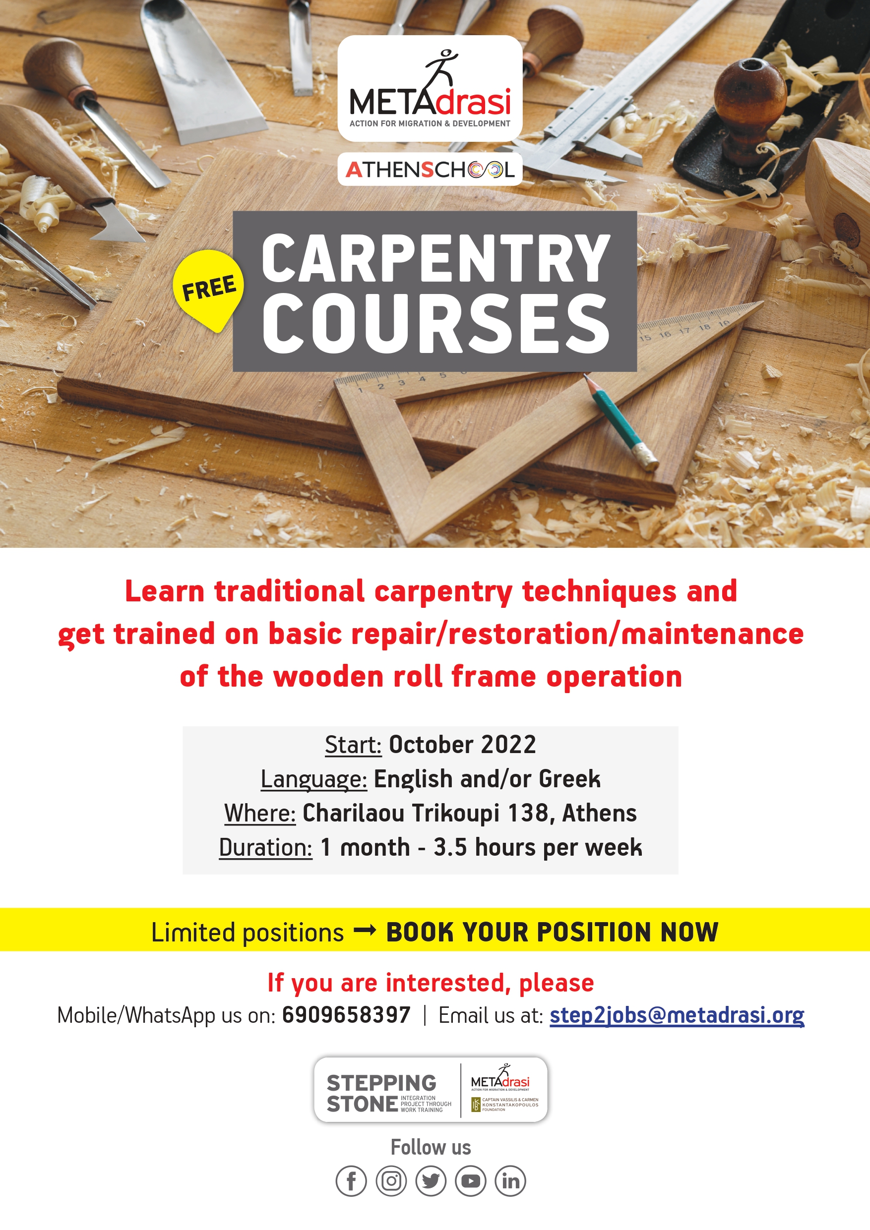 FREE CARPENTRY COURSES FOR REFUGEES AND MIGRANTS