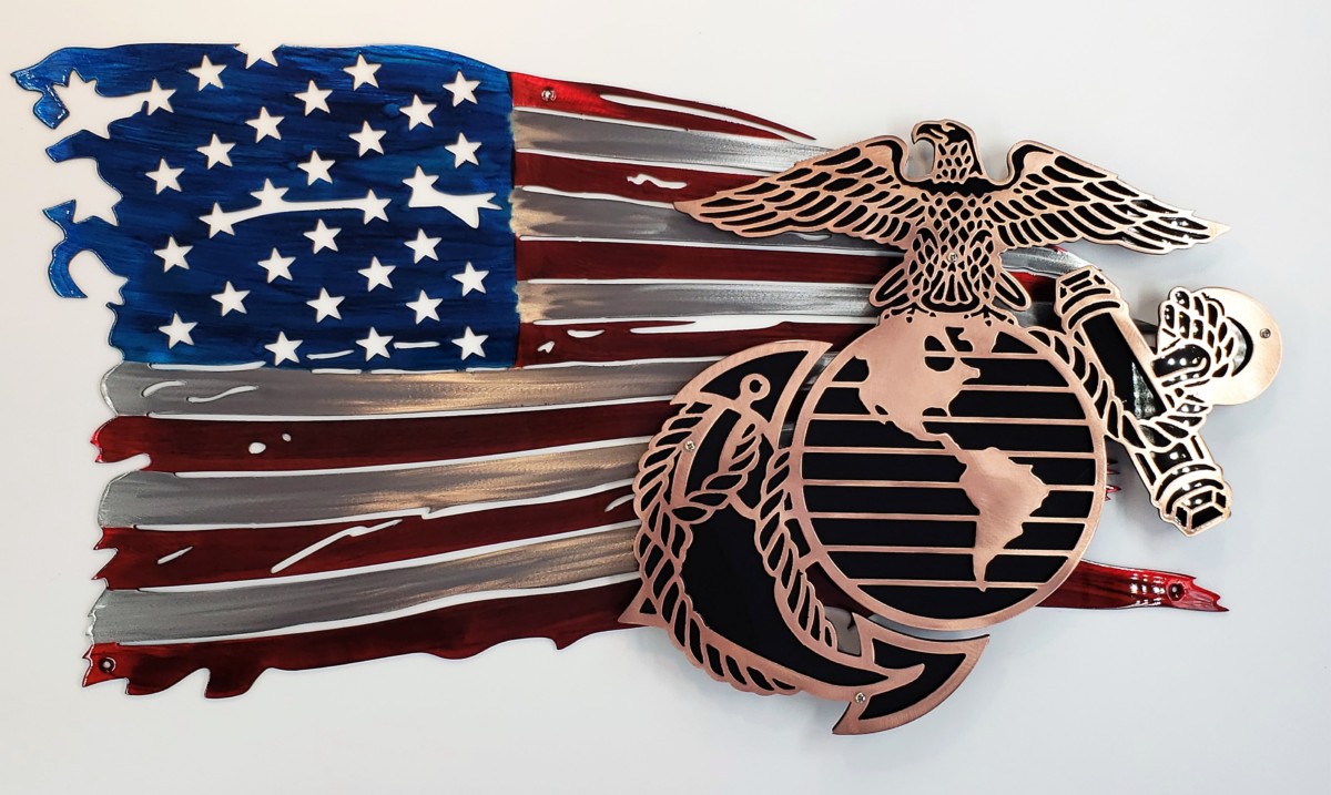 Tattered Flag w/Marine Corps Logo Metal Wall Art Metal Decor Studios