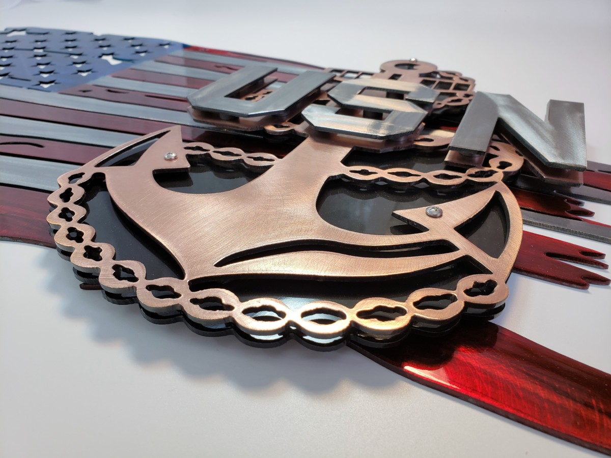 Tattered Flag w/US Navy Logo Metal Wall Art Metal Decor Studios
