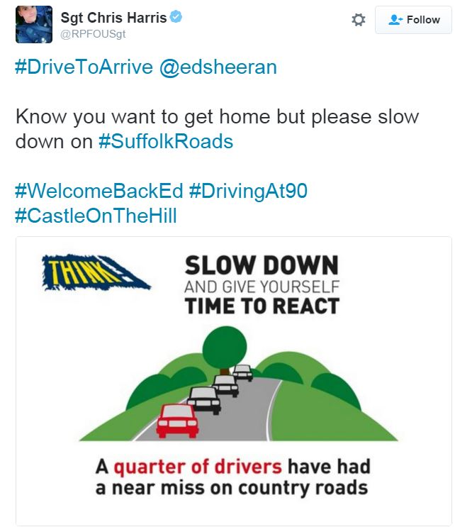 Ed Sheeran's 'driving at 90' lyric in Castle On The Hill riles police