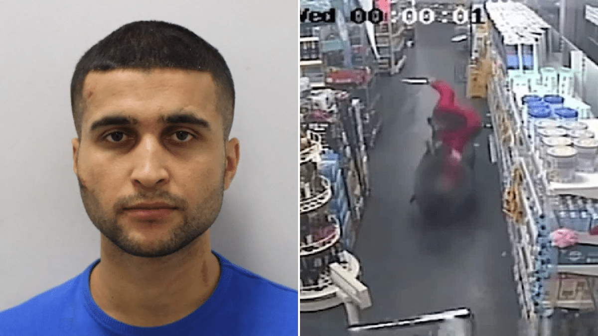 Mugshot of Akbari (L) screenshot of Akbari trying to stab random man (R)