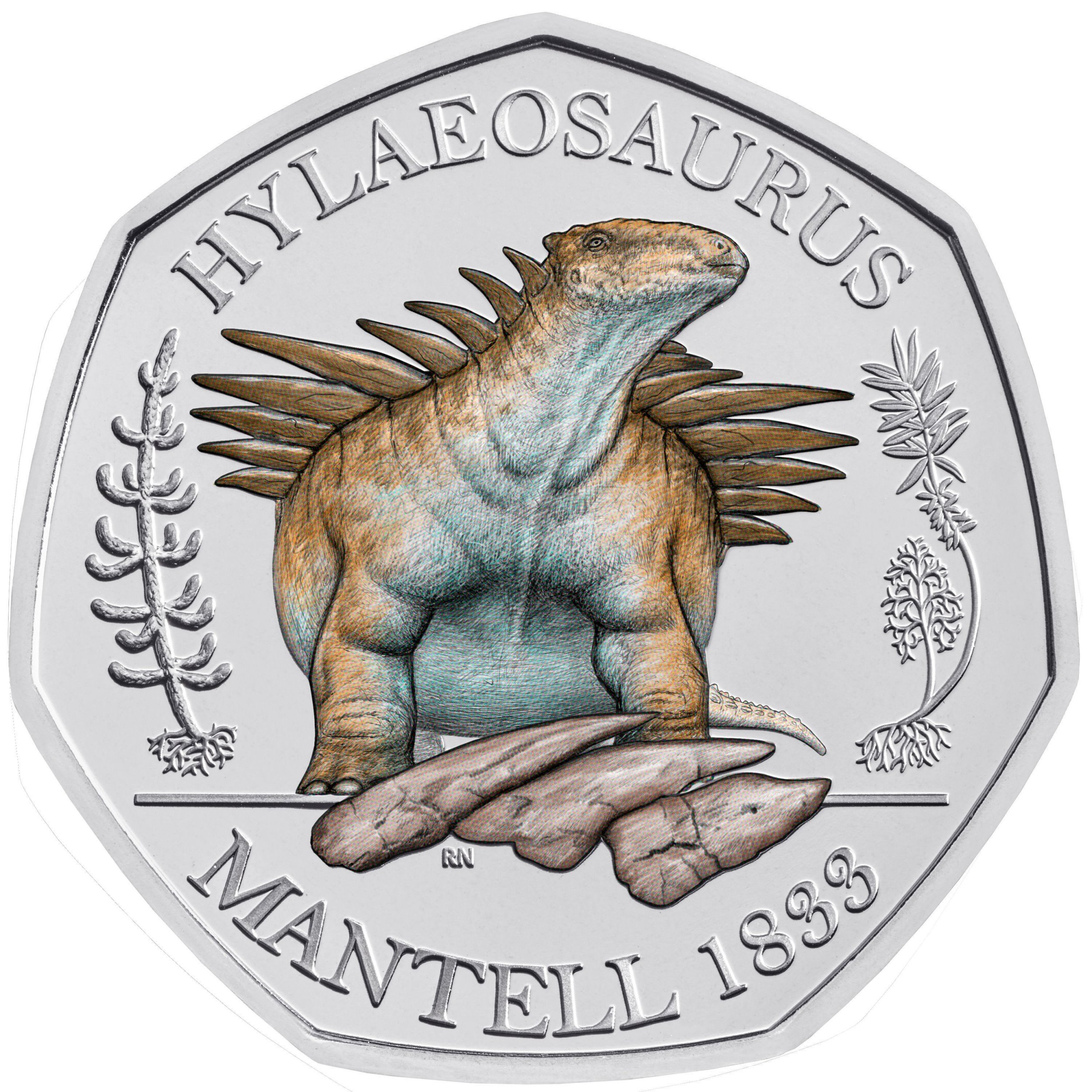 Undated handout issued by the Royal Mint of a commemorative 50 pence coin from their Dinosauria Collection which shows a Hylaeosaurus. PA Photo. Issue date: Monday June 1, 2020. The collection will see three different dinosaurs feature on their own 50p coin - the Megalosaurus, the Iguanodon and the Hylaeosaurus. See PA story MONEY Coins. Photo credit should read: The Royal Mint/PA Wire NOTE TO EDITORS: This handout photo may only be used in for editorial reporting purposes for the contemporaneous illustration of events, things or the people in the image or facts mentioned in the caption. Reuse of the picture may require further permission from the copyright holder.