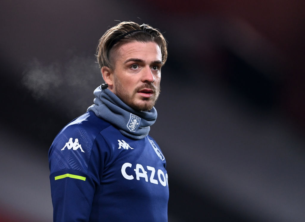 Jack Grealish of Aston Villa looks on prior to the Premier League match between Manchester United and Aston Villa at Old Trafford on January 01, 2021 in Manchester, England. 