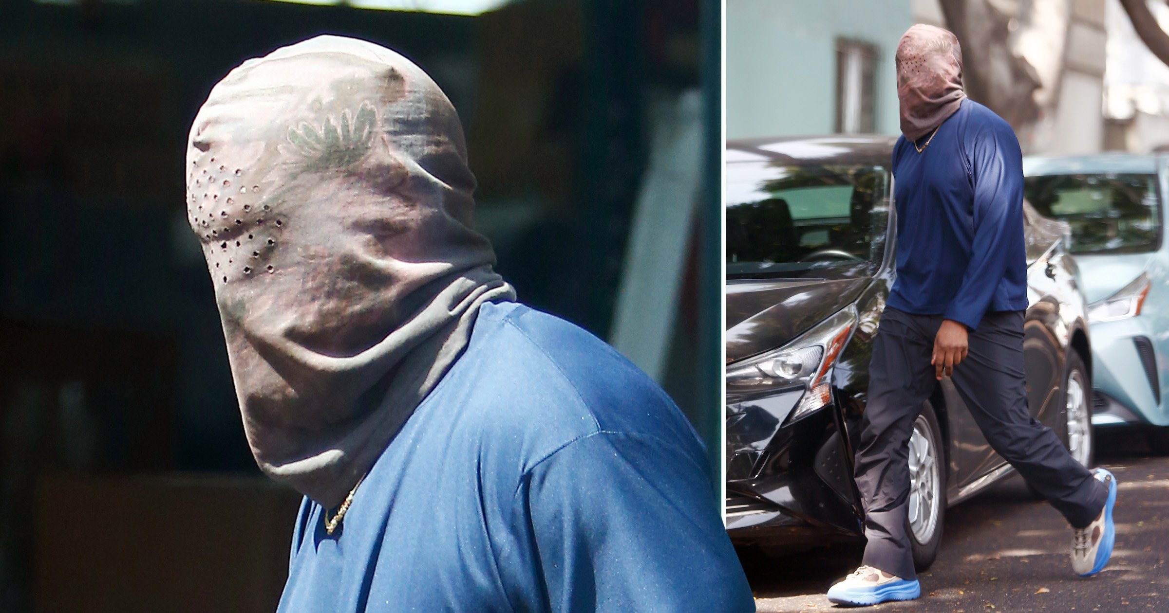 Kanye West is not bothered by LA heatwave as he wears full head mask