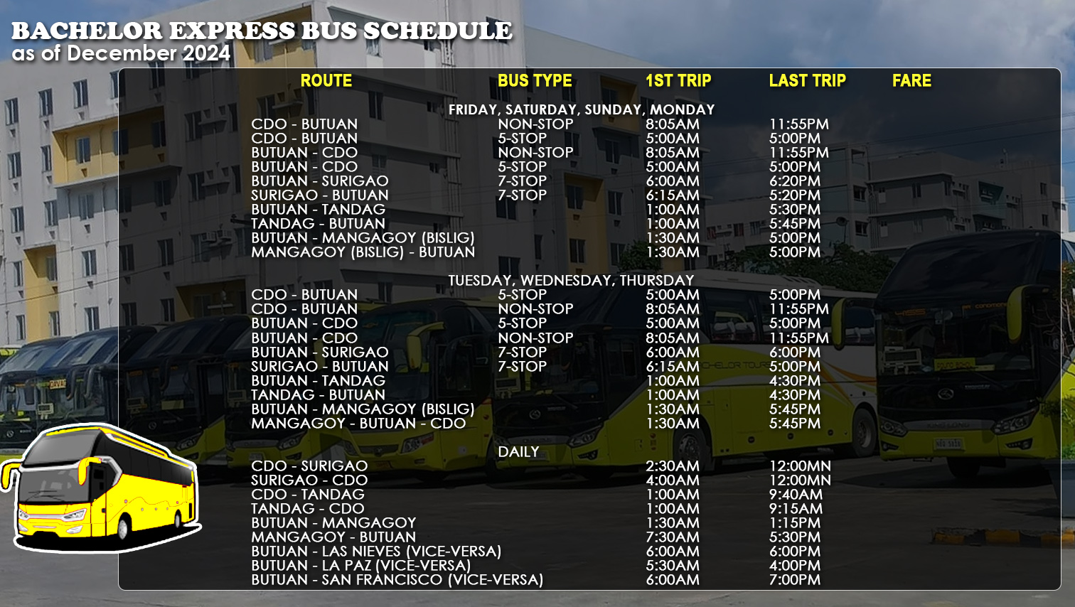 Bachelor Express Bus Schedules as of December 2024 PROGRESS WATCH