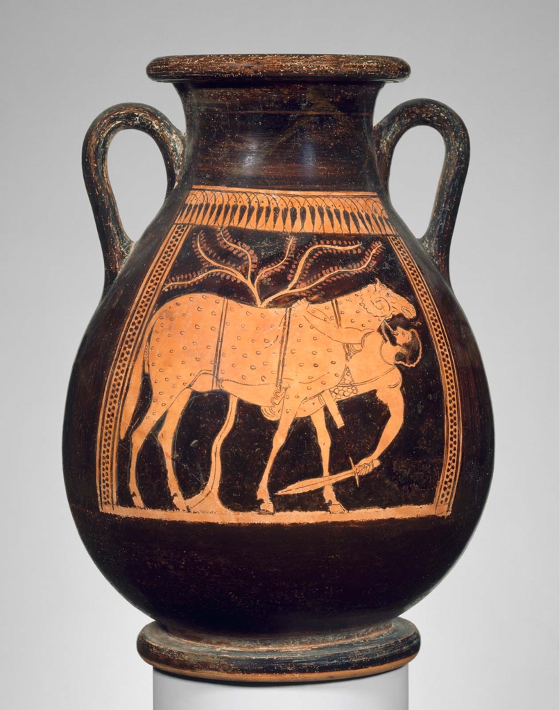 Twohandled jar (pelike) depicting the escape of Odysseus from the cave