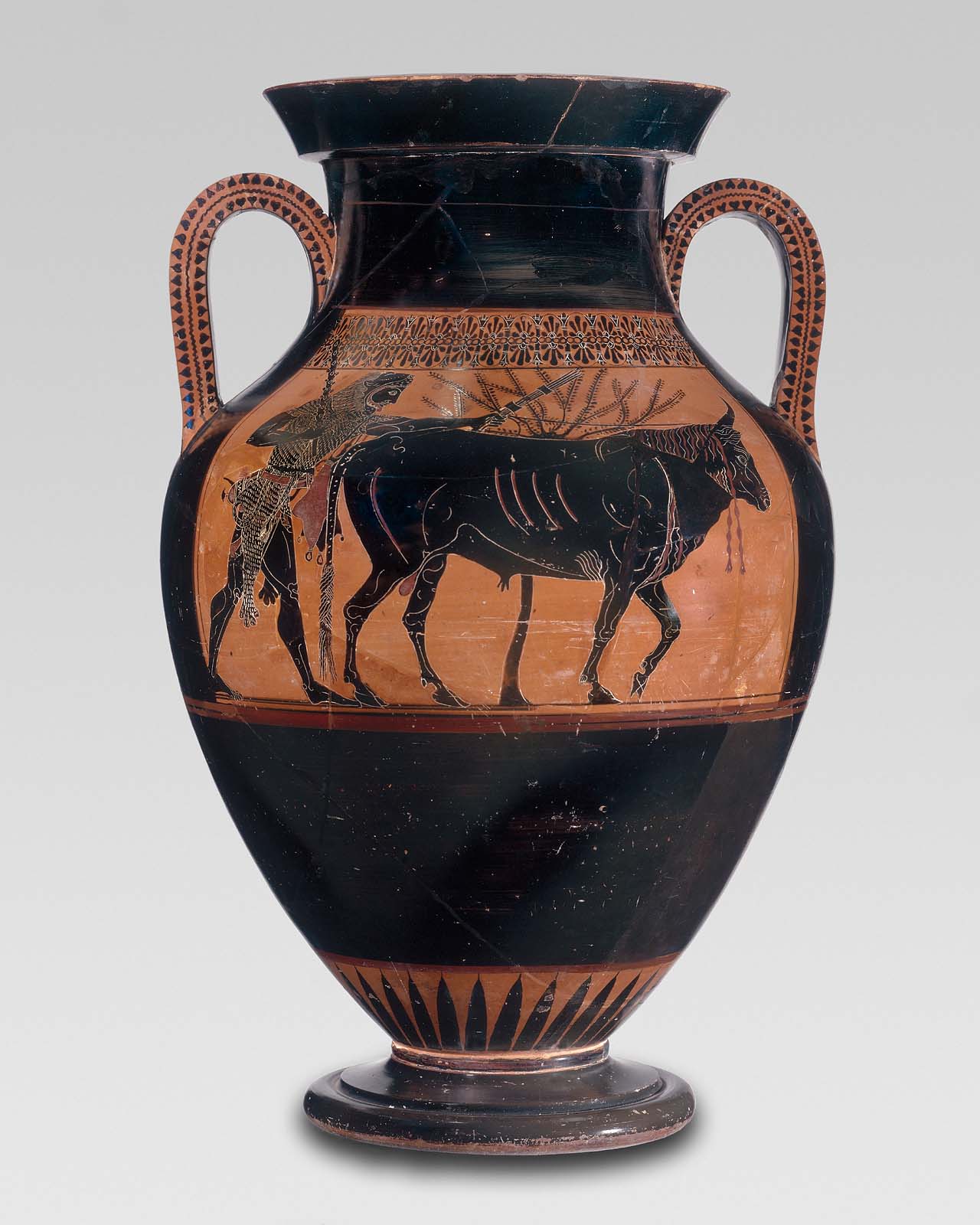 Twohandled jar (amphora) with Herakles driving a bull to sacrifice