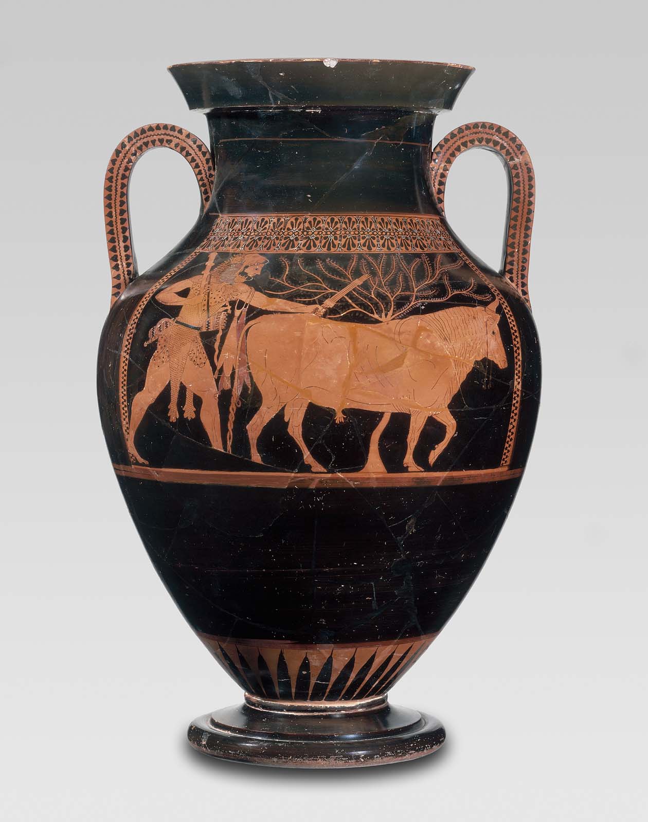 Twohandled jar (amphora) with Herakles driving a bull to sacrifice
