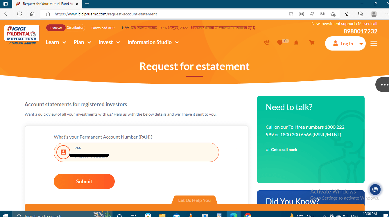 How to Request for statement for ICICI Mutual fund M F Desk