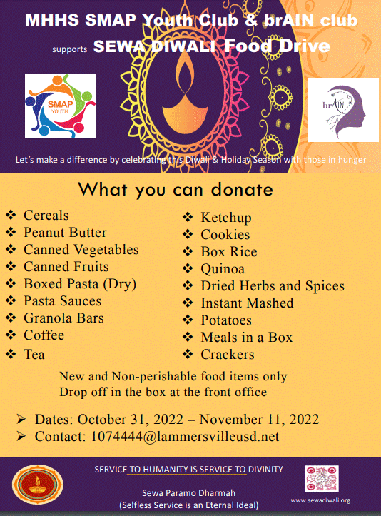 MHHS SMAP Youth Club &amp; brAIN club SEWA DIWALI Food Drive Mountain