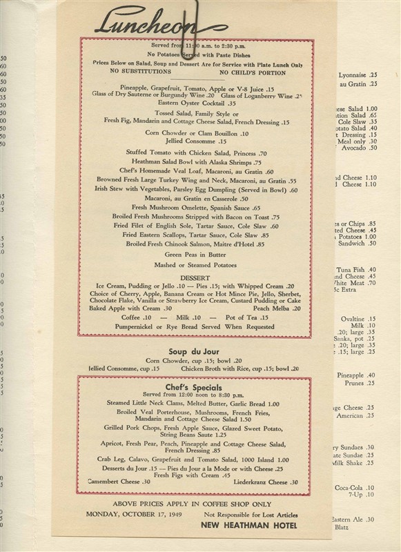 The Heathman Hotel Menu SW Broadway Portland Oregon 1949 Grill Room
