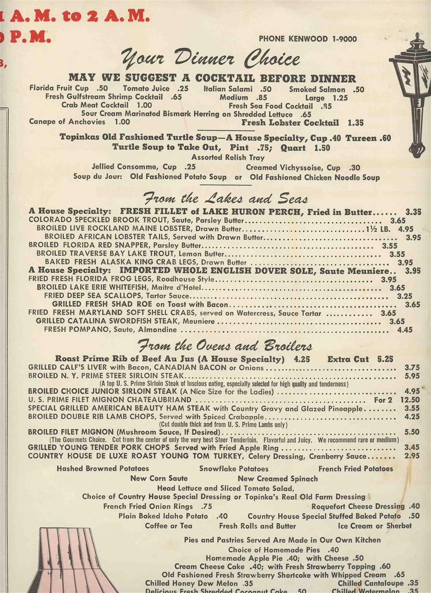 Topinka's Country House Menu 7 Mile Road Detroit Michigan 1960's eBay