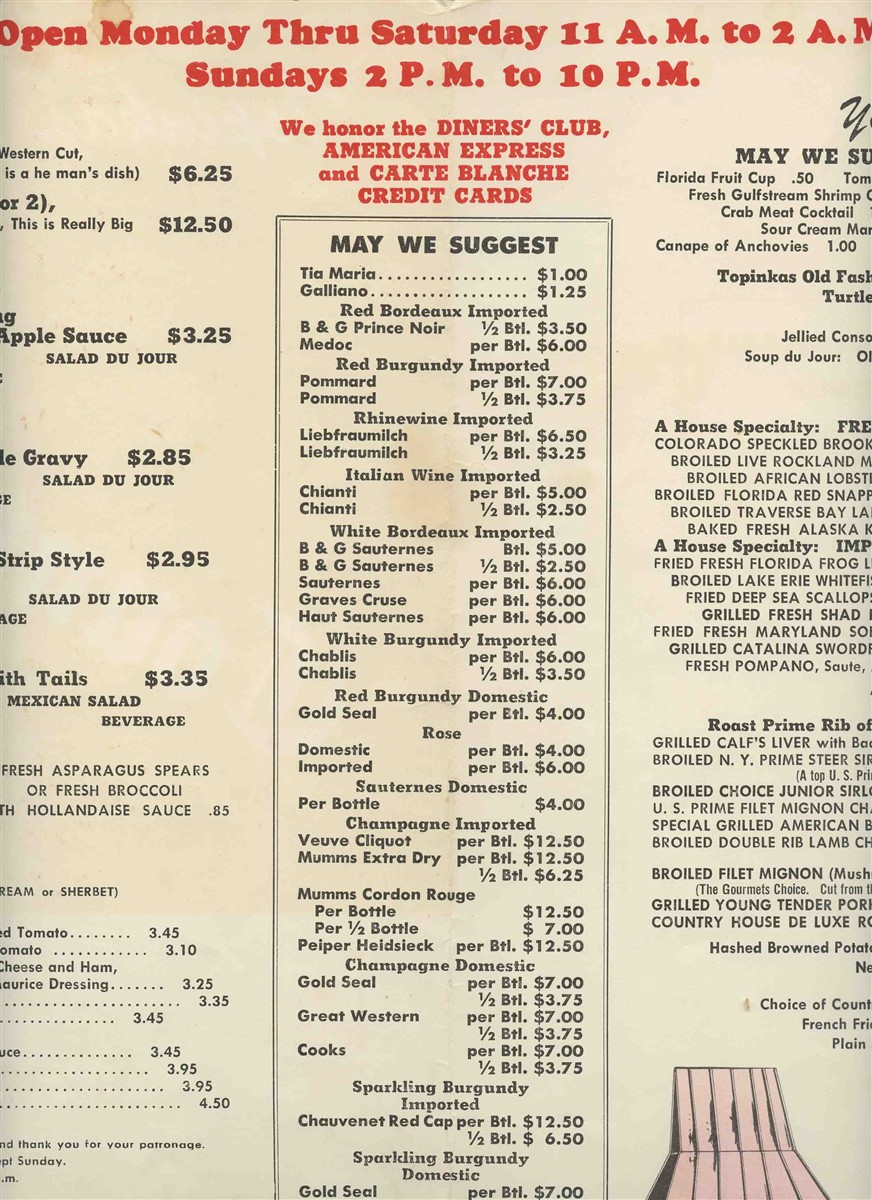 Topinka's Country House Menu 7 Mile Road Detroit Michigan 1960's eBay