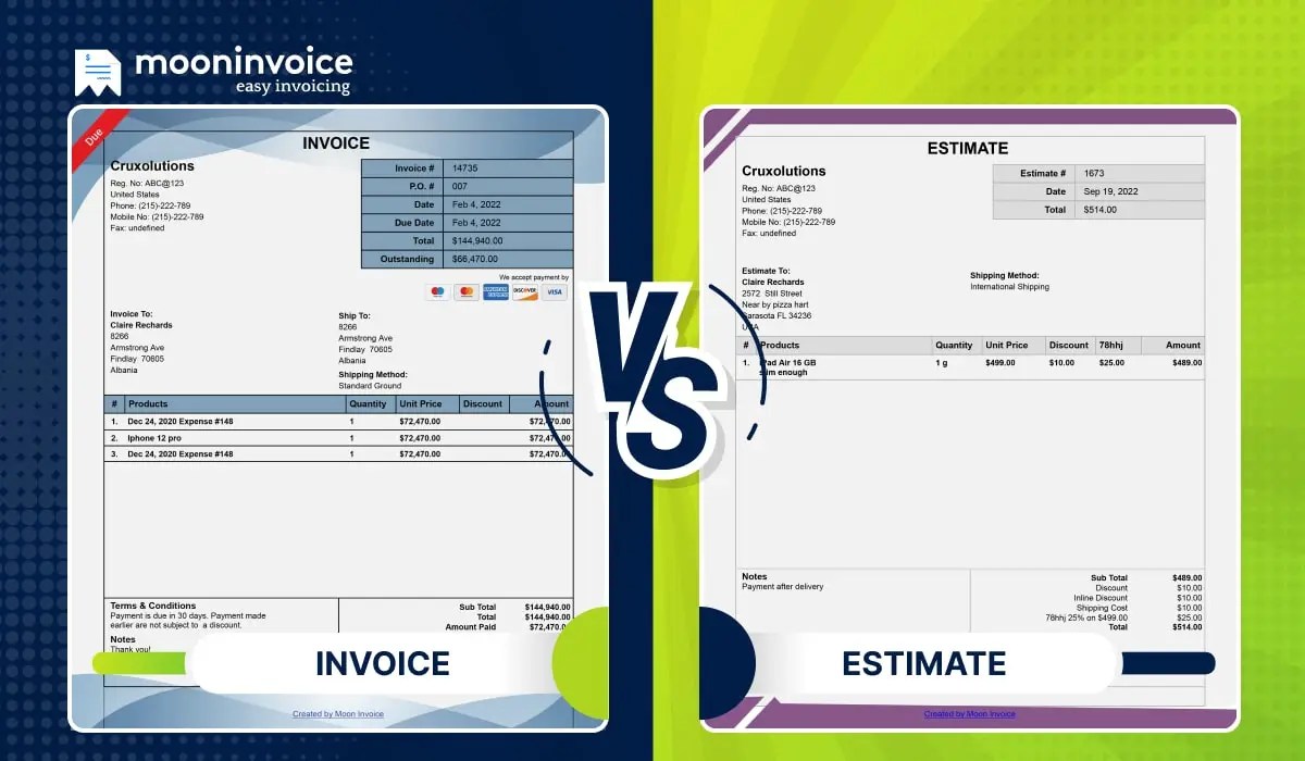 Invoice vs Estimate What's the Difference Moon Invoice